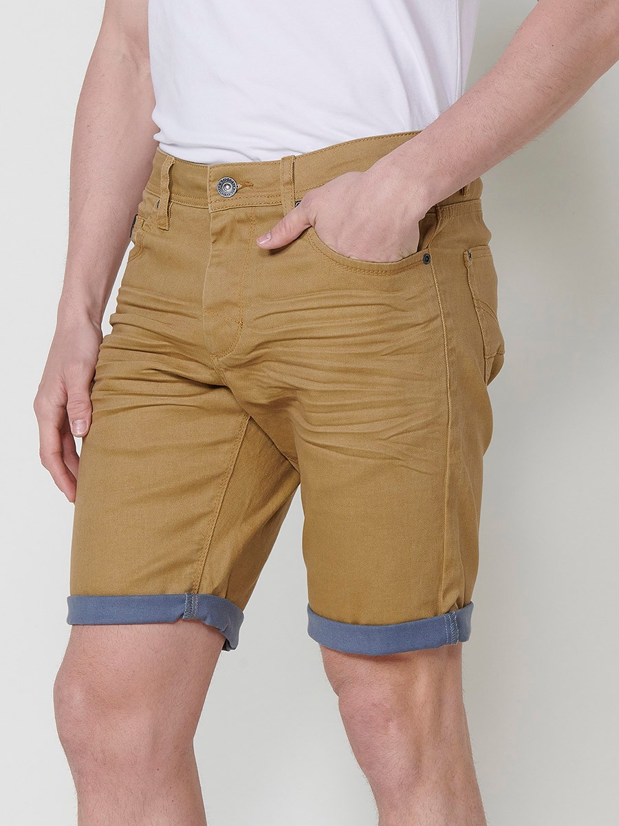 Men's Regular Fit Twill Cotton-Blend Shorts with Washed Effect and Blue Interior Cuff in Ocher 3