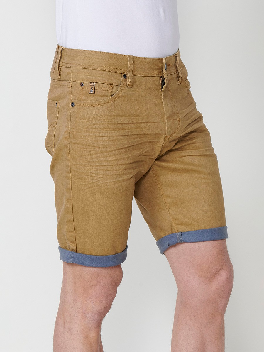 Men's Regular Fit Twill Cotton-Blend Shorts with Washed Effect and Blue Interior Cuff in Ocher 4