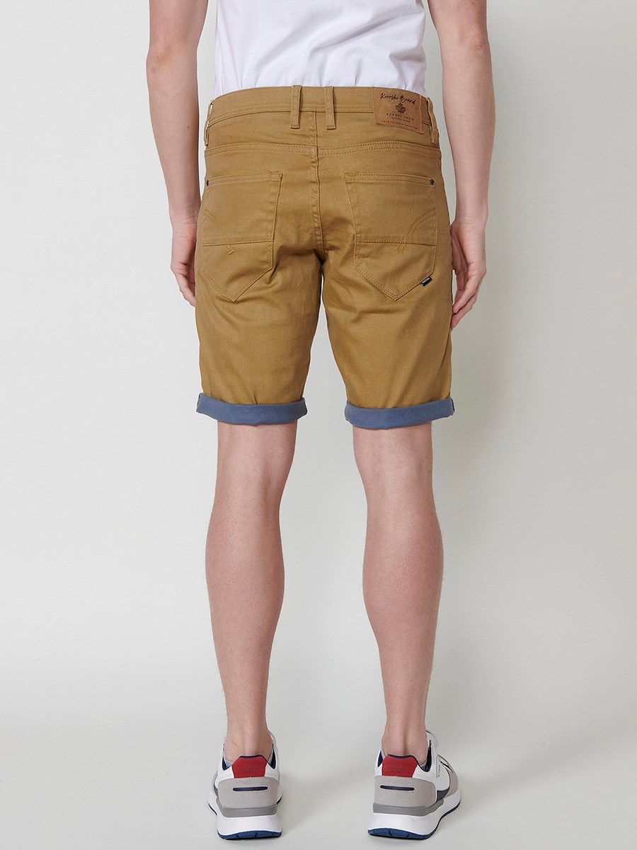 Men's Regular Fit Twill Cotton-Blend Shorts with Washed Effect and Blue Interior Cuff in Ocher 9