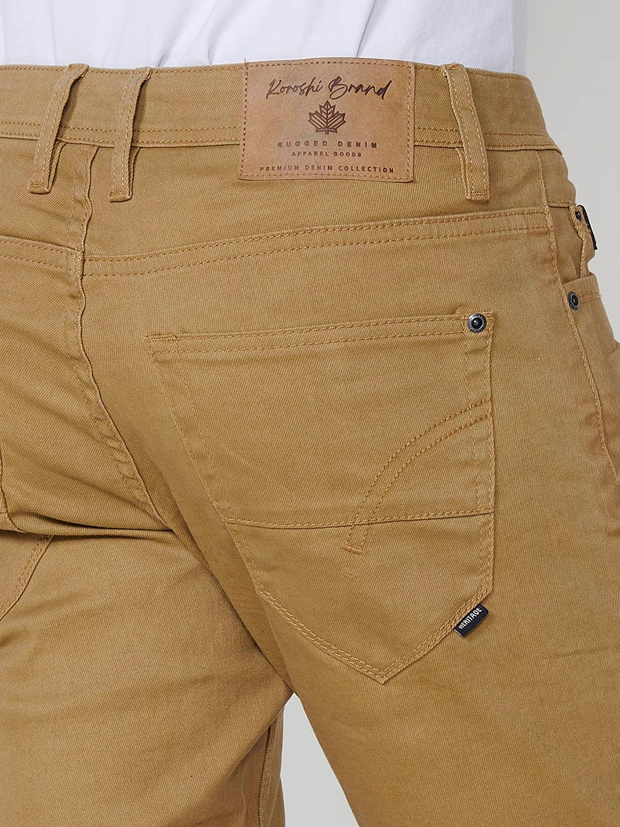 Men's Regular Fit Twill Cotton-Blend Shorts with Washed Effect and Blue Interior Cuff in Ocher 7