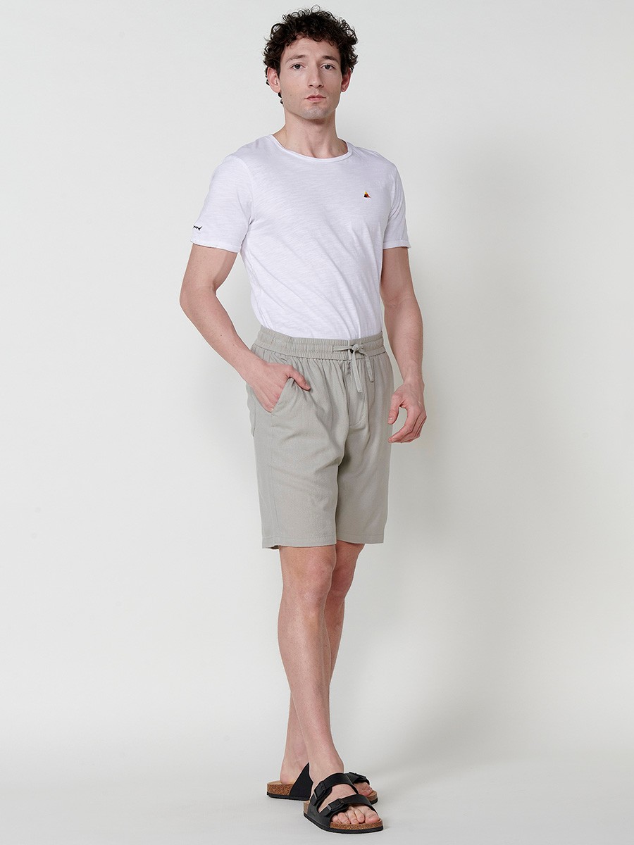 Men's Linen and Viscose Comfort Fit Shorts with Elastic Waistband and Drawstring in Stone Color