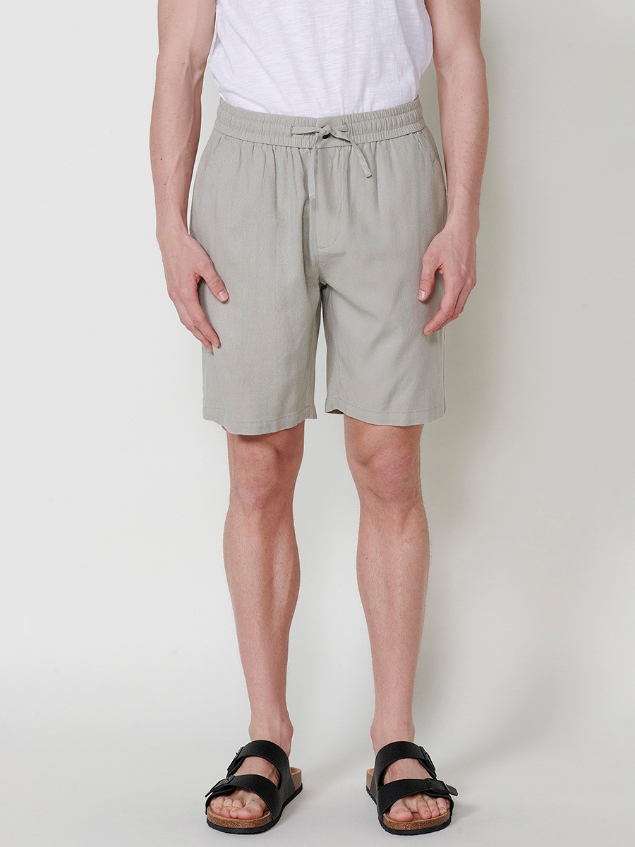 Men's Linen and Viscose Comfort Fit Shorts with Elastic Waistband and Drawstring in Stone Color 2