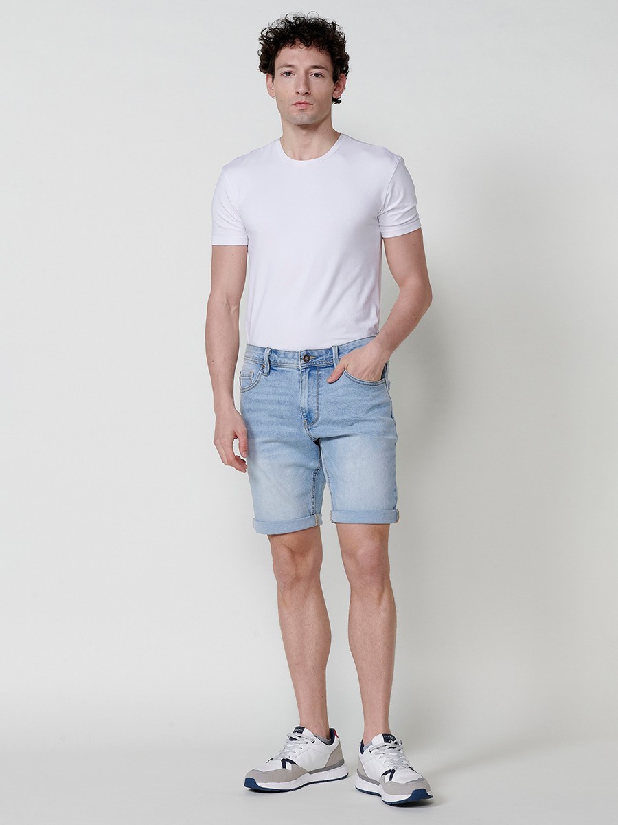 Men's Regular Fit Denim Shorts with Five Pockets and Distressed Washed Effect in Light Blue