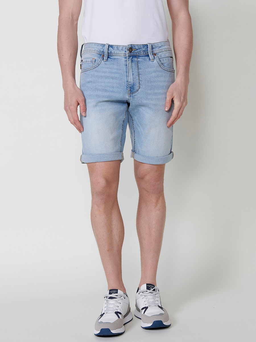 Men's Regular Fit Denim Shorts with Five Pockets and Distressed Washed Effect in Light Blue 1