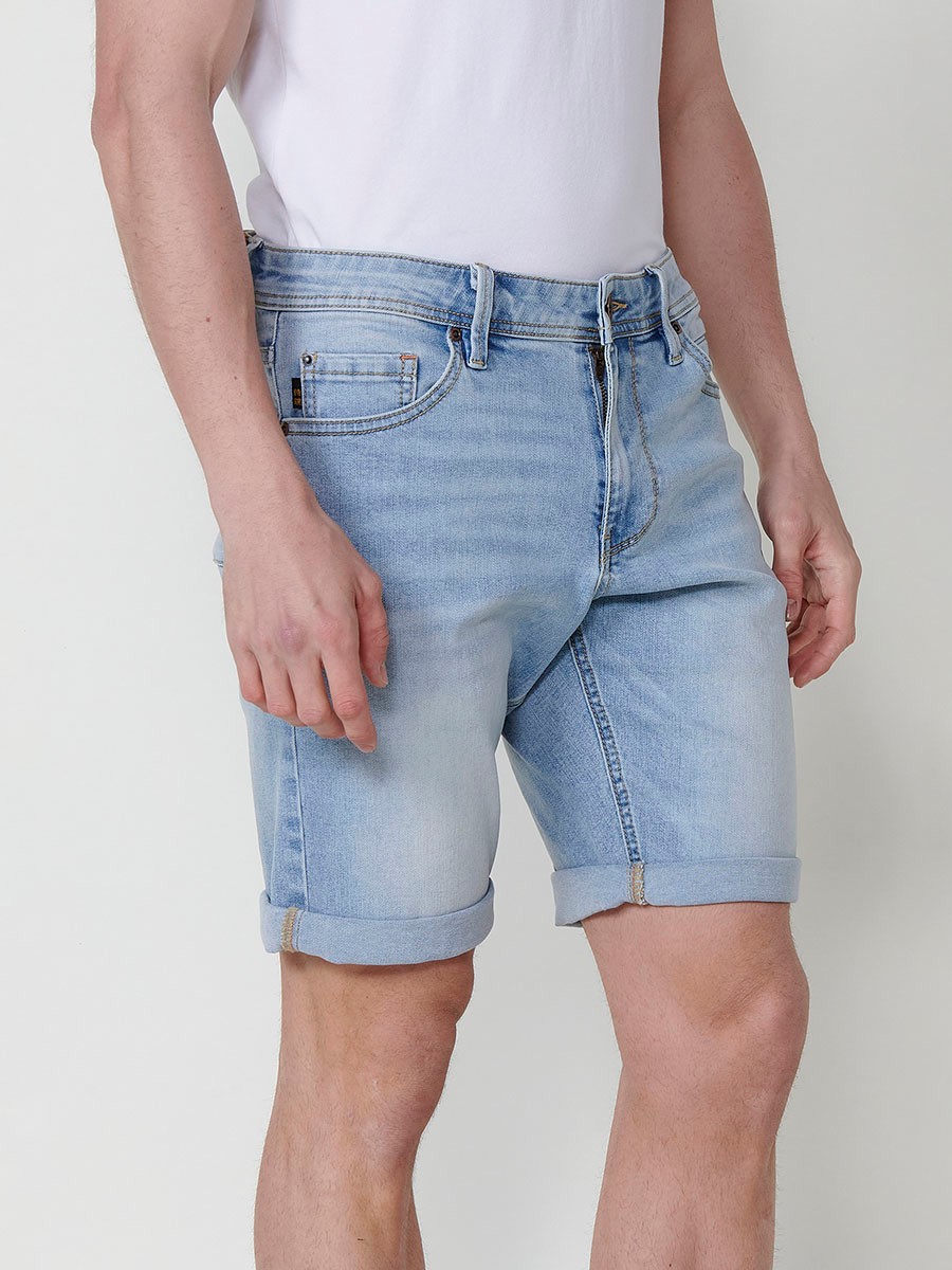 Men's Regular Fit Denim Shorts with Five Pockets and Distressed Washed Effect in Light Blue 4