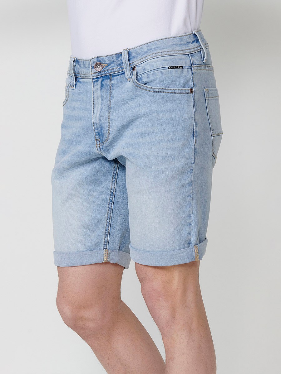 Men's Regular Fit Denim Shorts with Five Pockets and Distressed Washed Effect in Light Blue 3