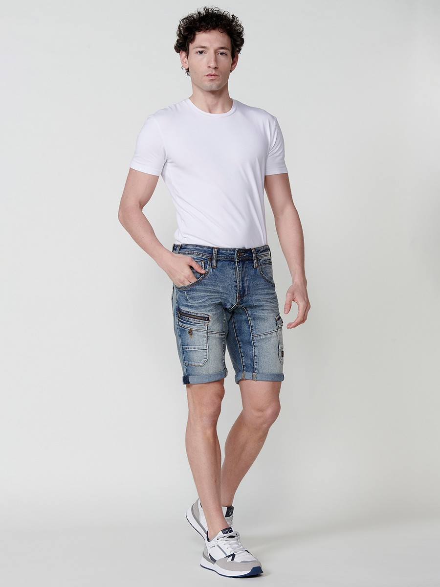 Men's Denim Workwear Regular Fit Shorts with Side Pockets and Distressed Washed Effect in Light Blue