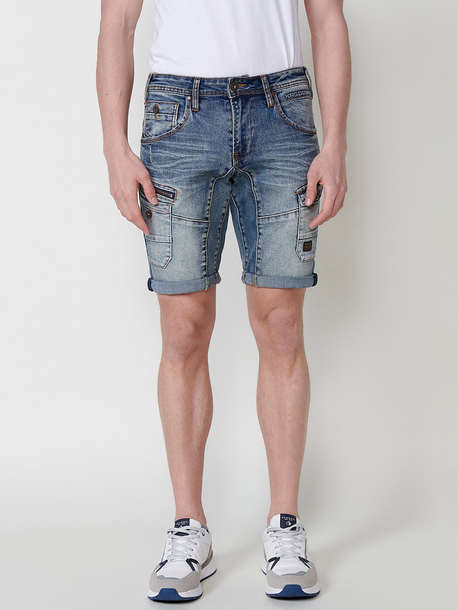 Men's Denim Workwear Regular Fit Shorts with Side Pockets and Distressed Washed Effect in Light Blue 4