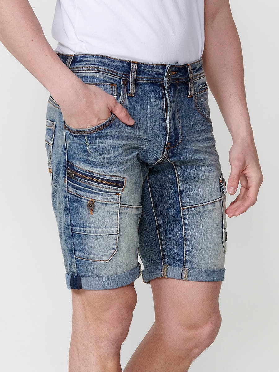 Men's Denim Workwear Regular Fit Shorts with Side Pockets and Distressed Washed Effect in Light Blue 1