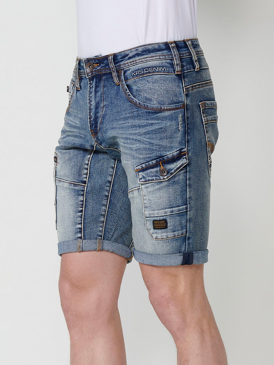 Men's Denim Workwear Regular Fit Shorts with Side Pockets and Distressed Washed Effect in Light Blue 3