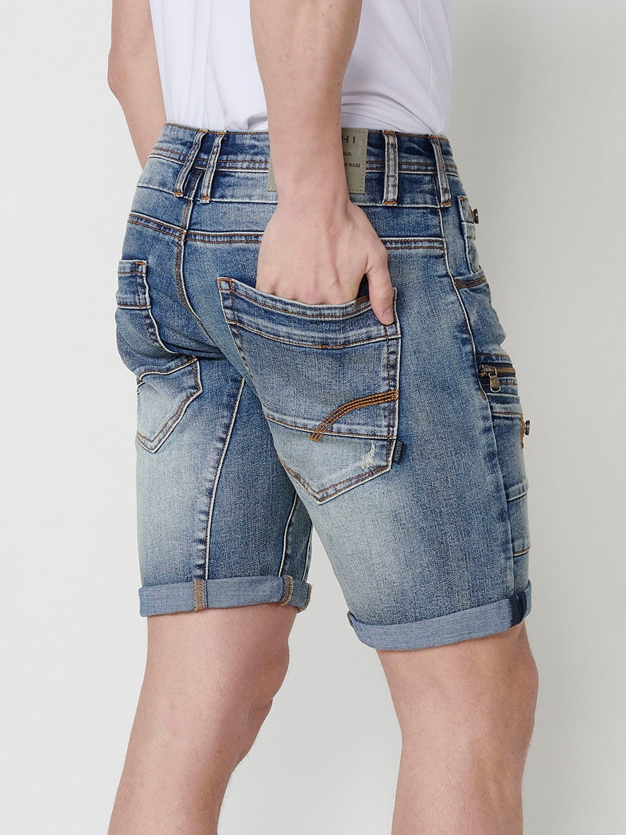 Men's Denim Workwear Regular Fit Shorts with Side Pockets and Distressed Washed Effect in Light Blue 2