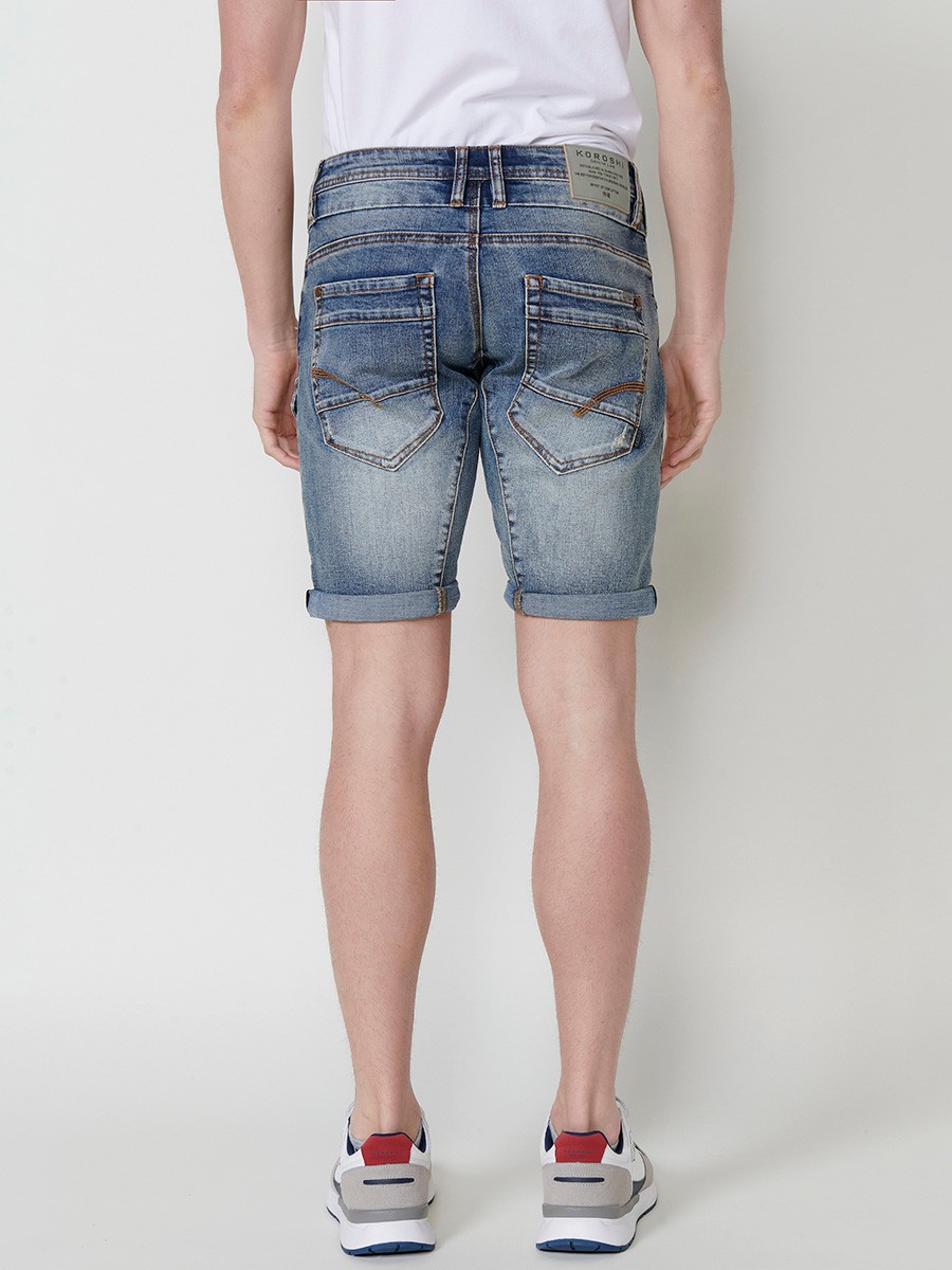 Men's Denim Workwear Regular Fit Shorts with Side Pockets and Distressed Washed Effect in Light Blue 7