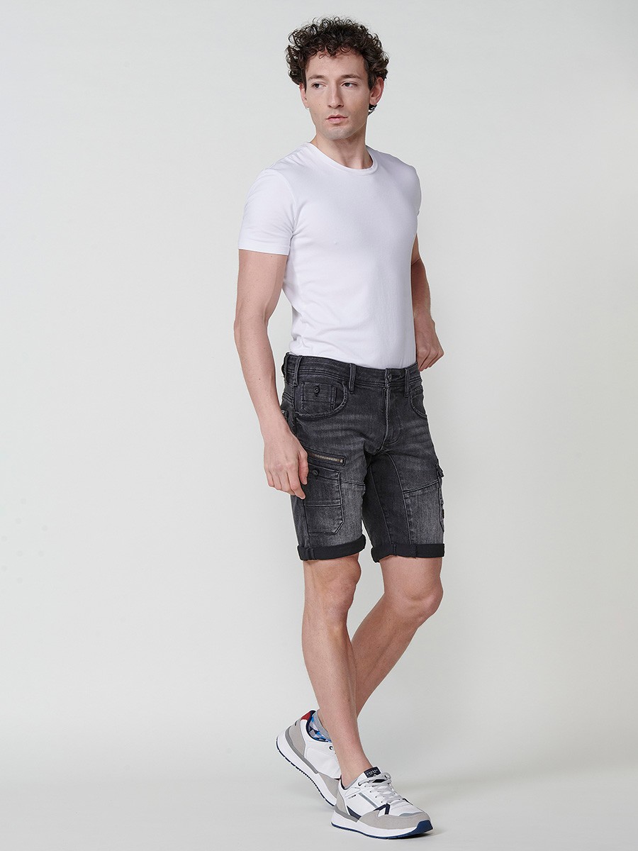 Men's Denim Workwear Regular Fit Shorts with Side Pockets and Distressed Washed Effect in Black Denim