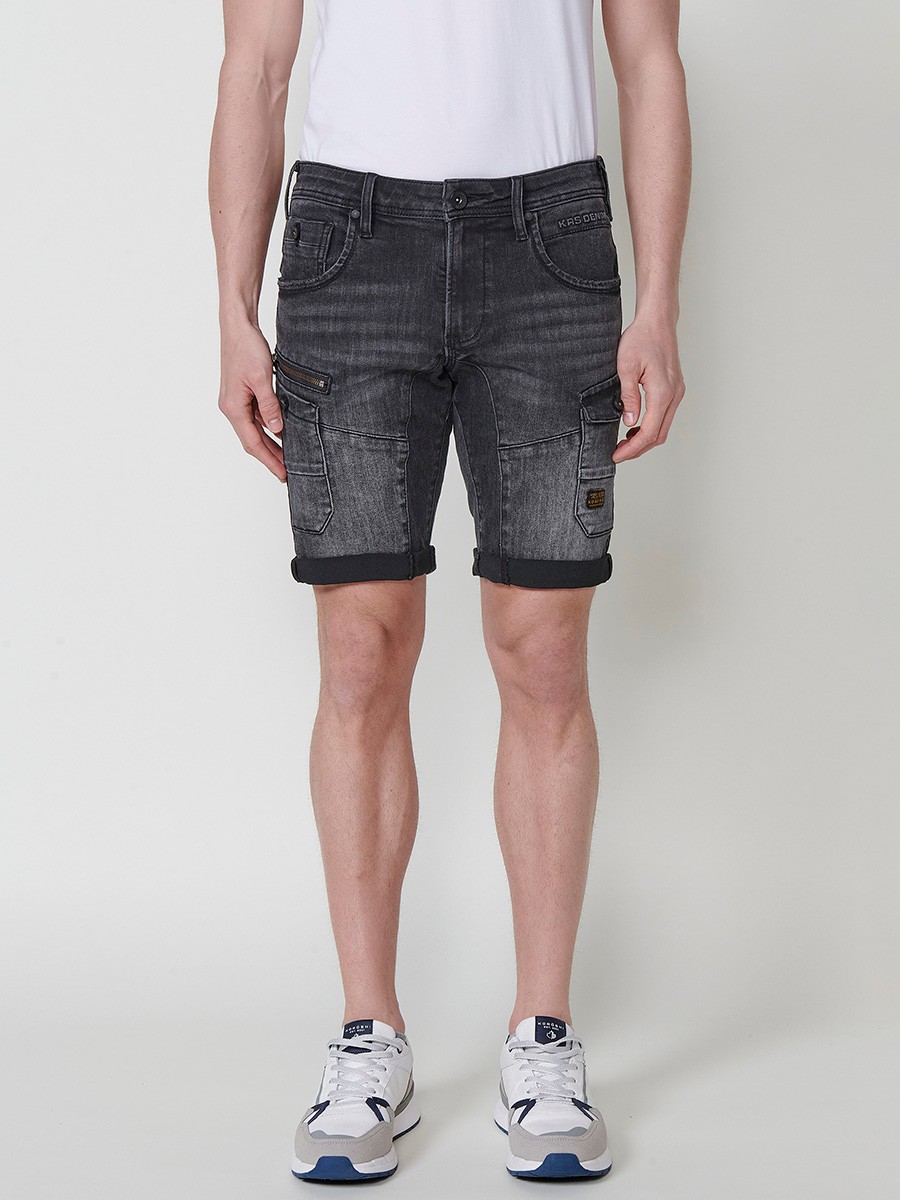 Men's Denim Workwear Regular Fit Shorts with Side Pockets and Distressed Washed Effect in Black Denim 1