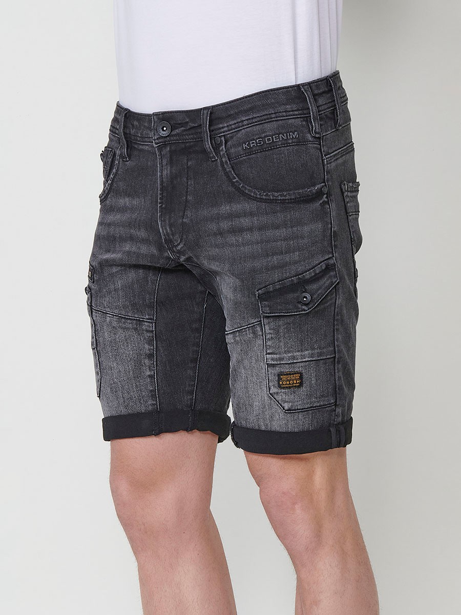 Men's Denim Workwear Regular Fit Shorts with Side Pockets and Distressed Washed Effect in Black Denim 4