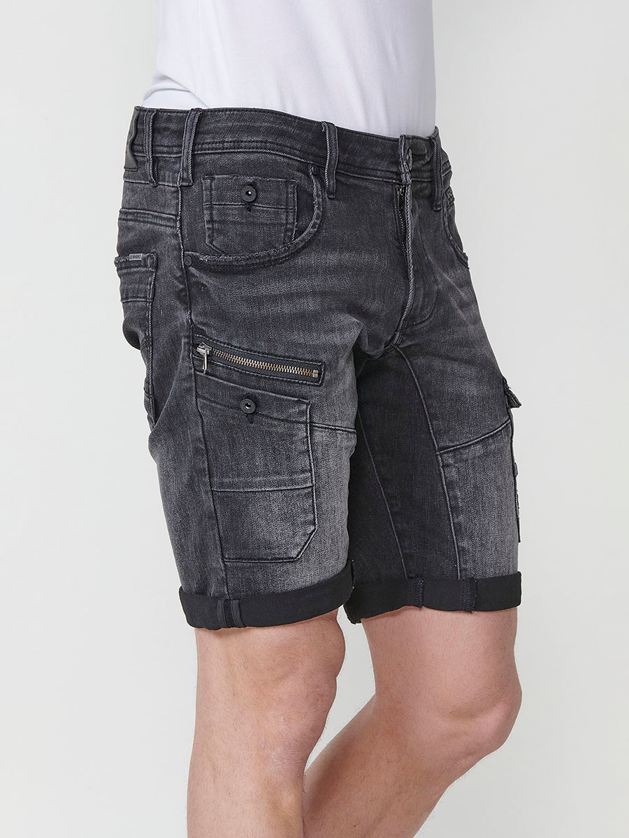 Men's Denim Workwear Regular Fit Shorts with Side Pockets and Distressed Washed Effect in Black Denim 3