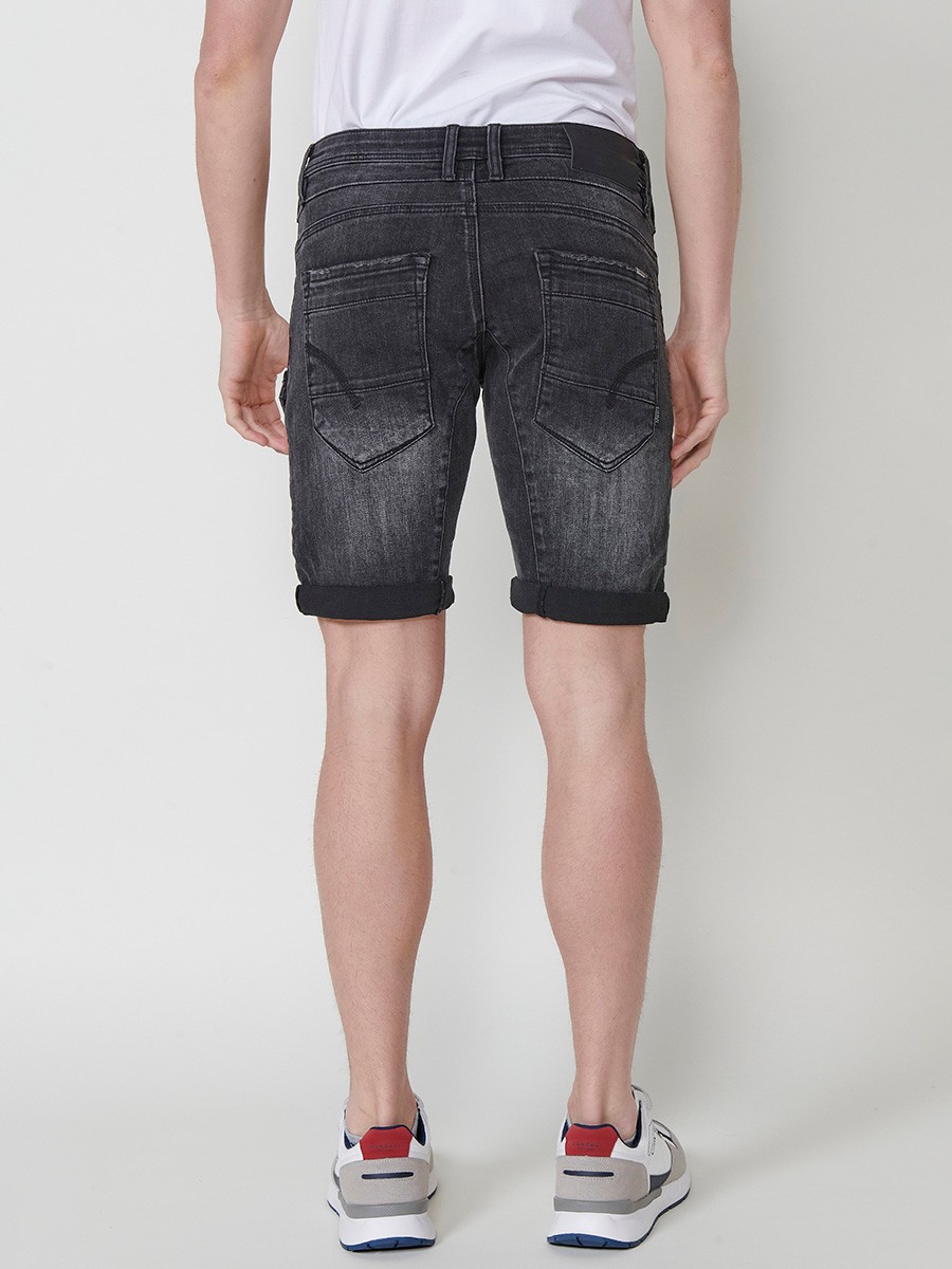 Men's Denim Workwear Regular Fit Shorts with Side Pockets and Distressed Washed Effect in Black Denim 2