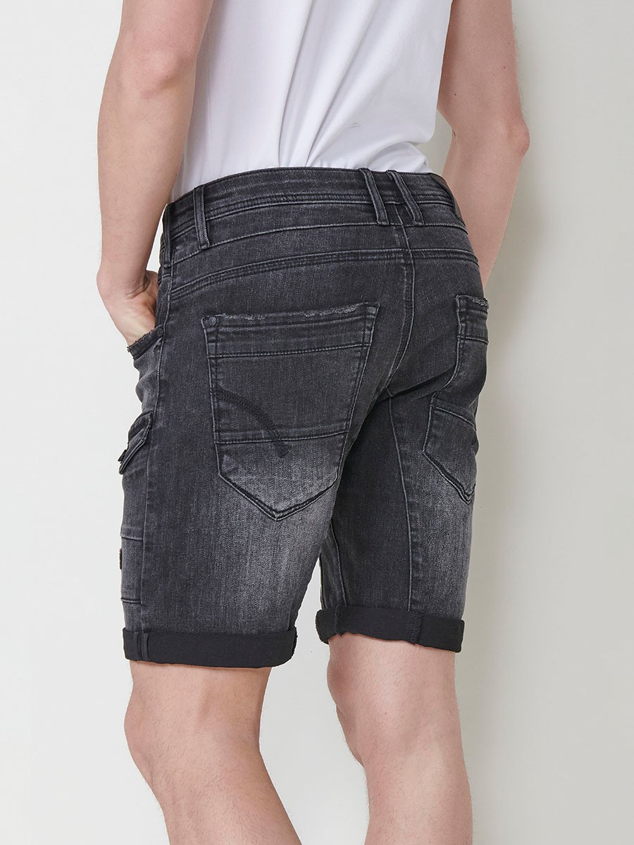 Men's Denim Workwear Regular Fit Shorts with Side Pockets and Distressed Washed Effect in Black Denim 6