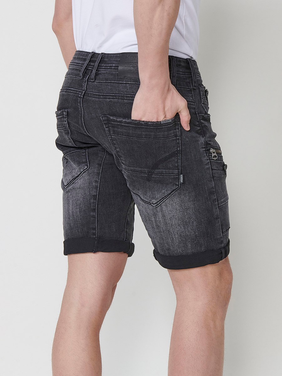 Men's Denim Workwear Regular Fit Shorts with Side Pockets and Distressed Washed Effect in Black Denim 9