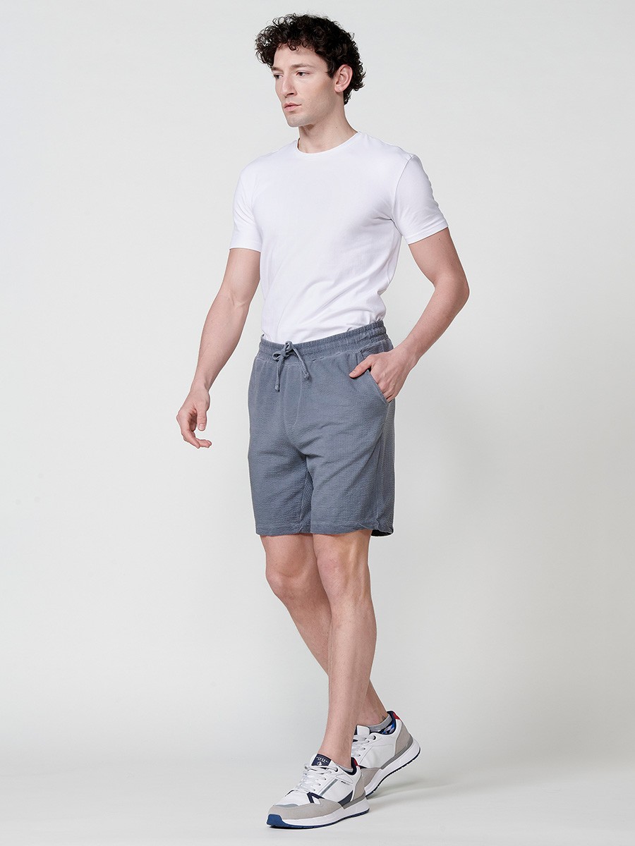 Men's Jogger Seersucker Relaxed Fit Shorts with Elastic Waistband and Drawstring in Grey