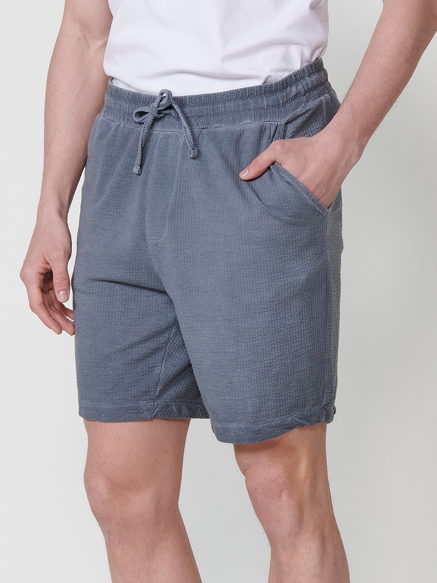 Men's Jogger Seersucker Relaxed Fit Shorts with Elastic Waistband and Drawstring in Grey 3