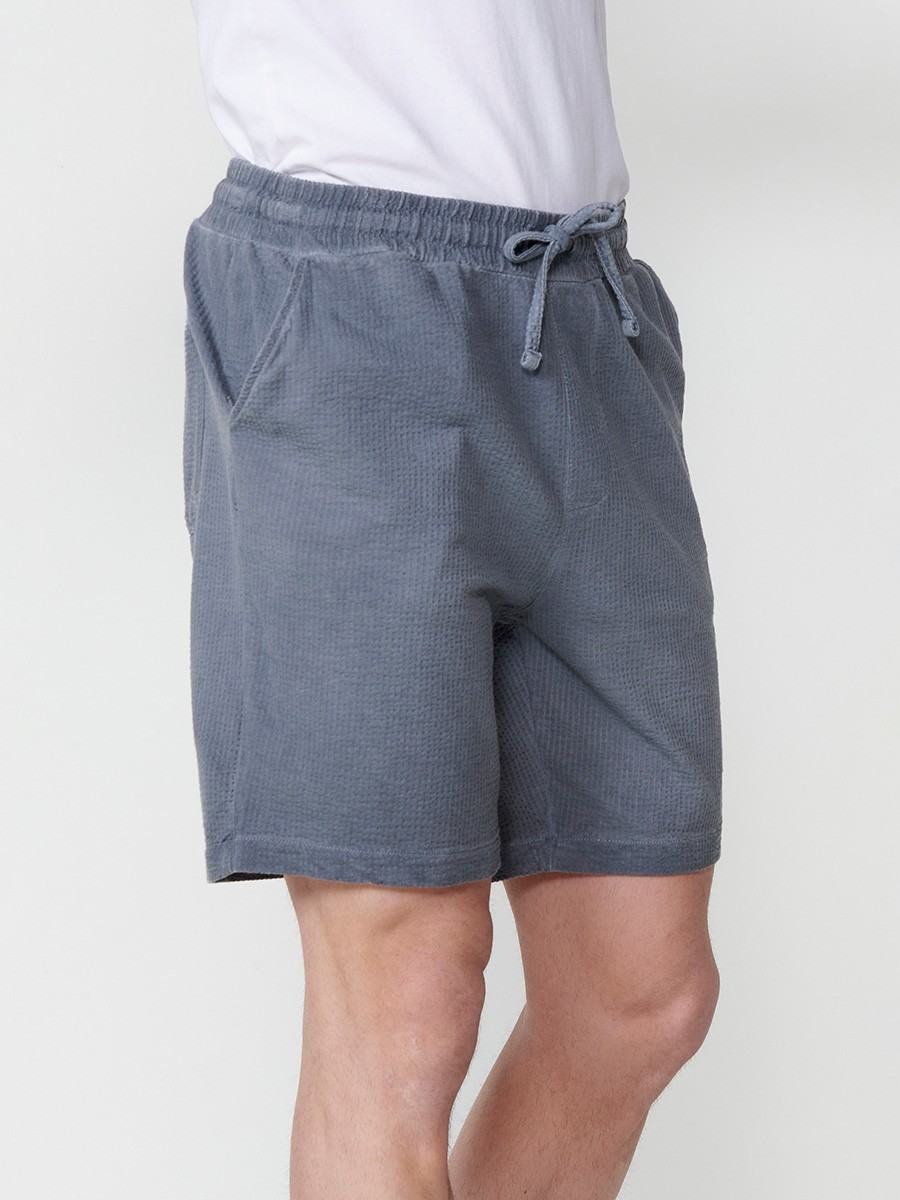 Men's Jogger Seersucker Relaxed Fit Shorts with Elastic Waistband and Drawstring in Grey 1