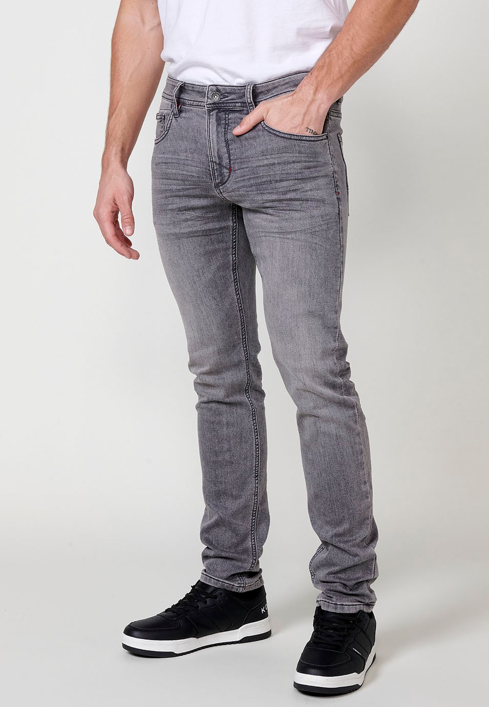 Pantalon long en denim coupe slim avec cinq poches, une poche, Grey Denim pour Homme