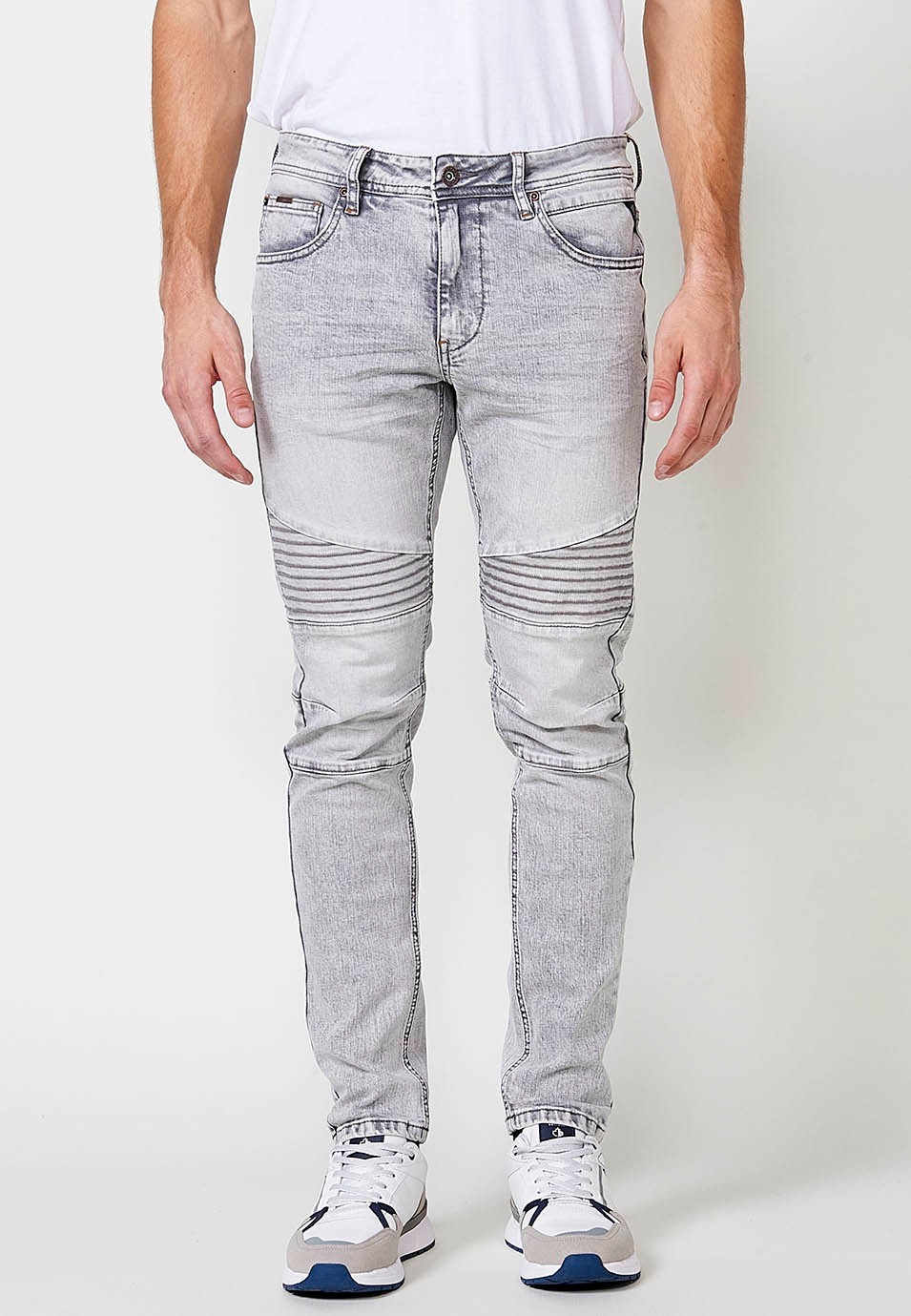 Pantalon long en denim coupe skinny style Biker avec poches avec Détails sur les genoux en Denim Gris pour Homme