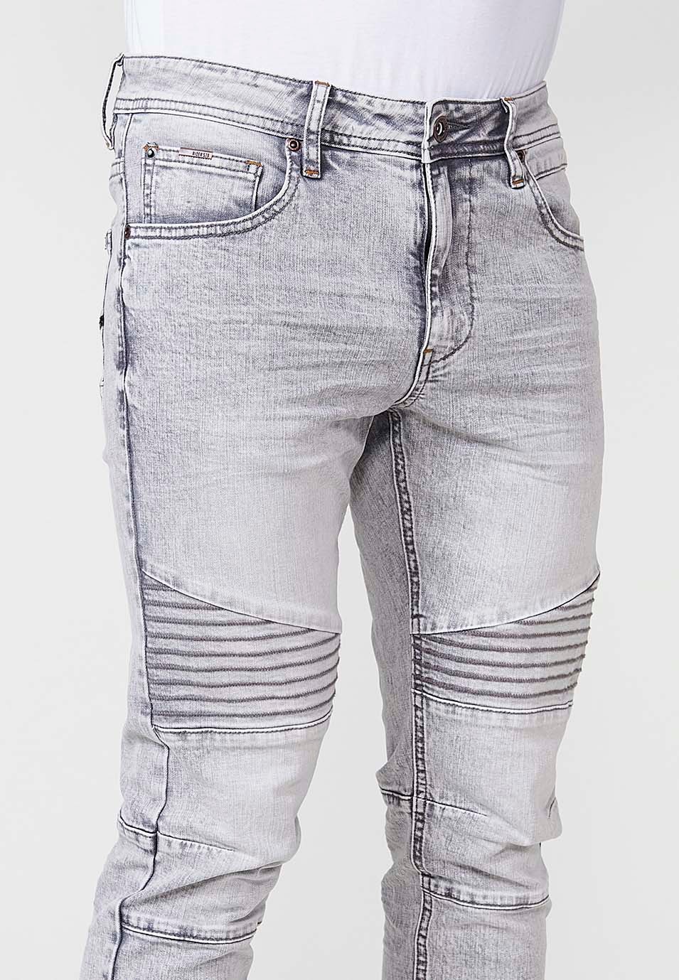 Pantalon long en denim coupe skinny style Biker avec poches avec Détails sur les genoux en Denim Gris pour Homme