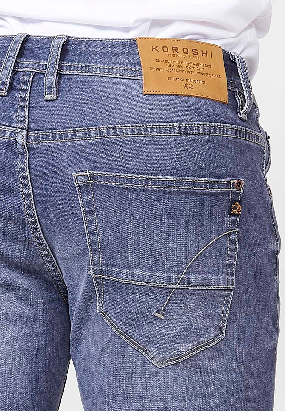 Pantalon long droit en denim coupe classique avec fermeture éclair et bouton sur le devant en Bleu Foncé pour Homme