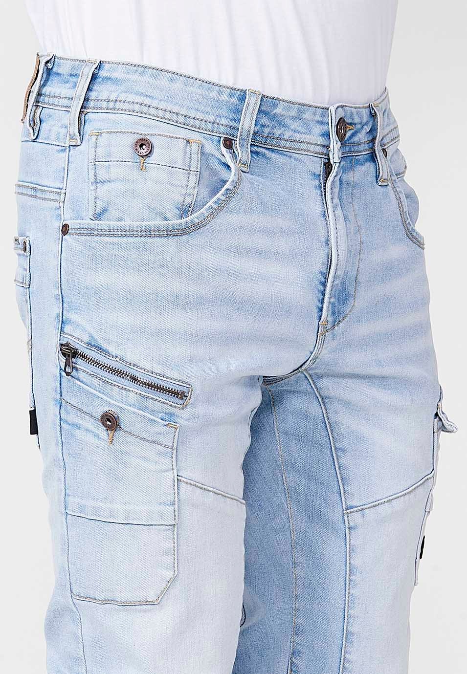 Pantalon de travail long en denim coupe classique avec cinq poches, une poche avec bouton et découpes aux genoux en Bleu pour Homme