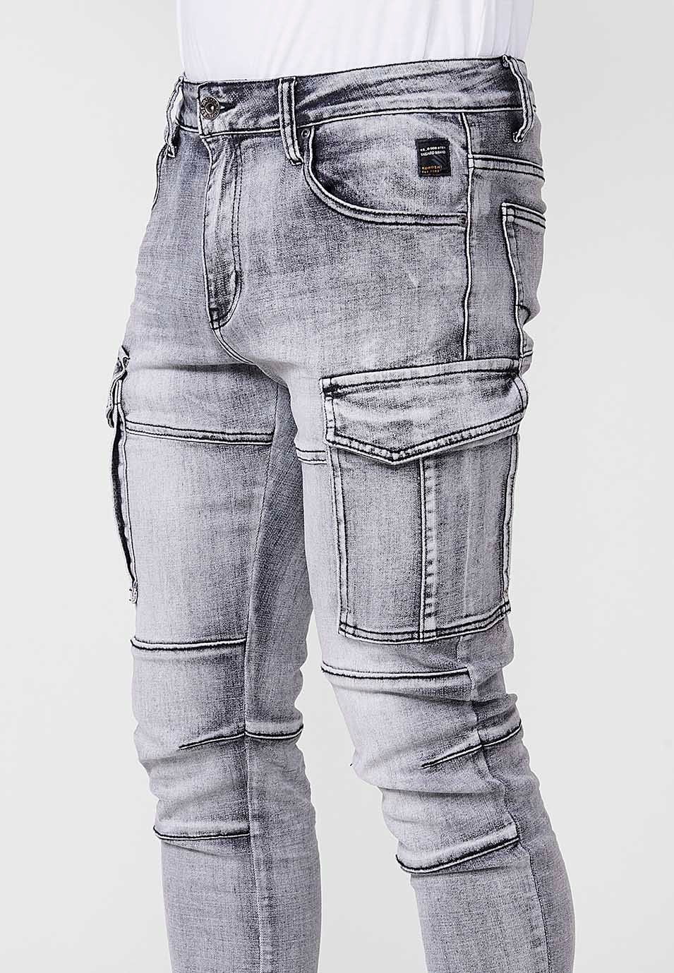 Pantalon biker long coupe skinny avec poches latérales à rabat et détails sur les genoux en Denim Noir pour Homme