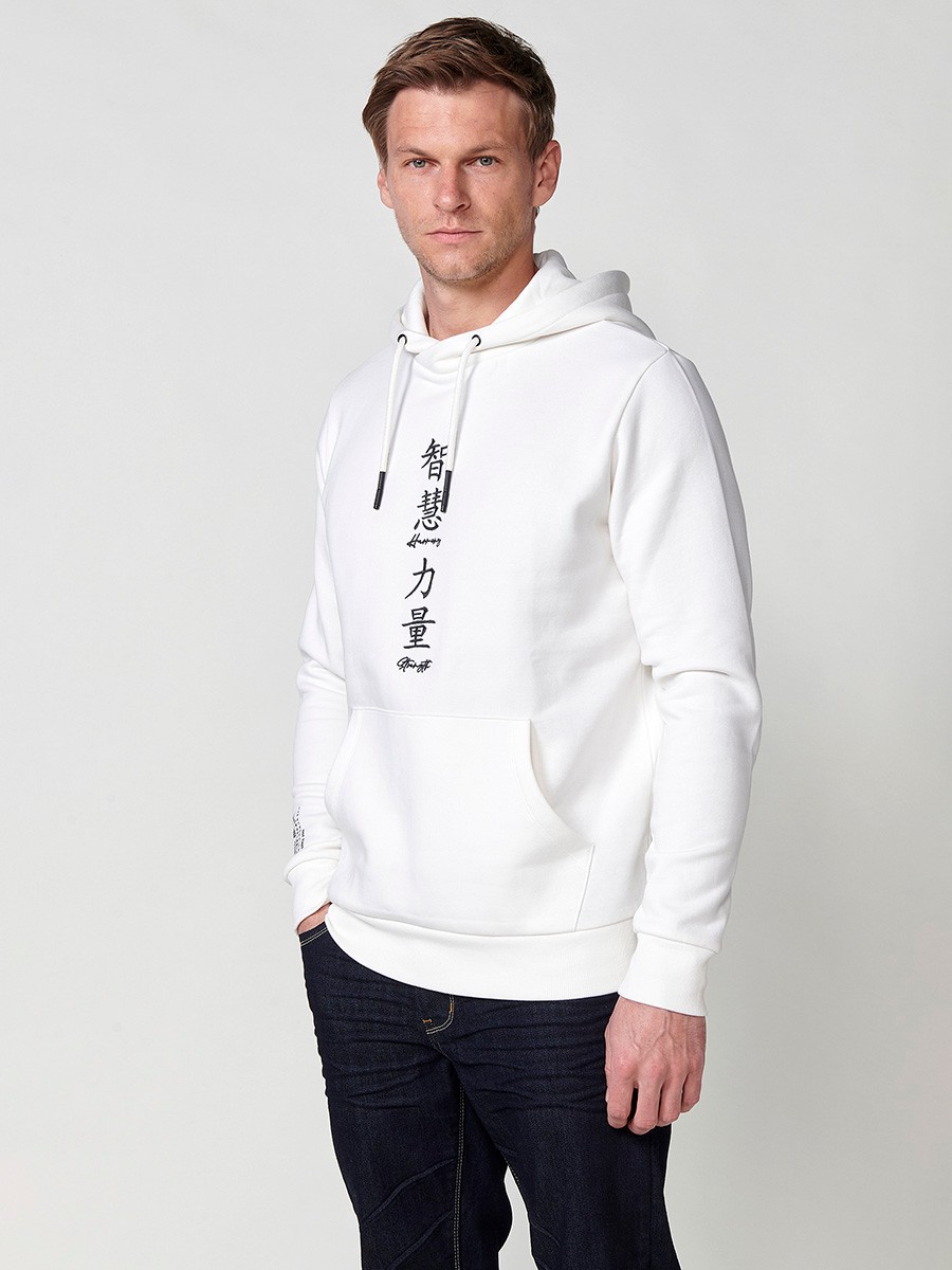 Herren Langarm Sweatshirt mit Kragen und Kapuze mit Print auf der Rückseite in Ecru