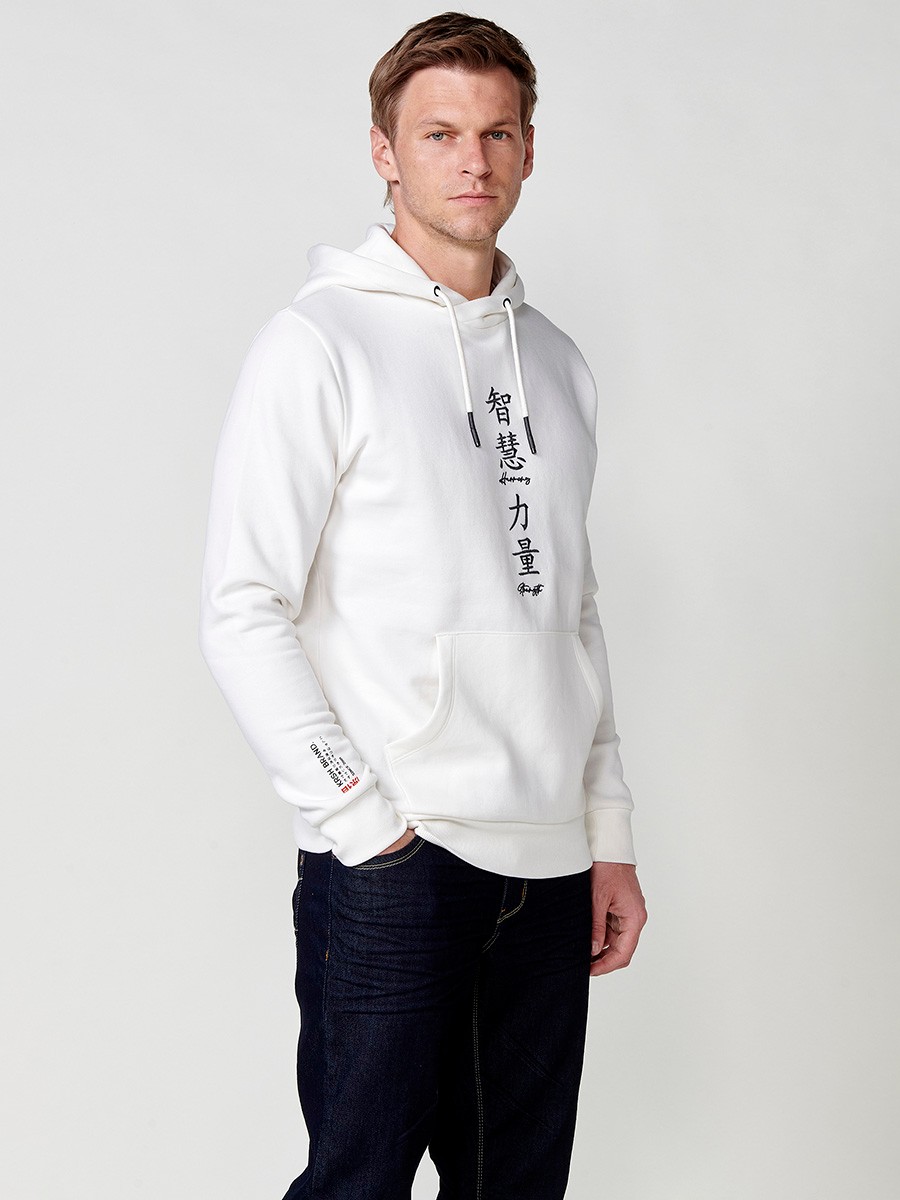 Herren Langarm Sweatshirt mit Kragen und Kapuze mit Print auf der Rückseite in Ecru