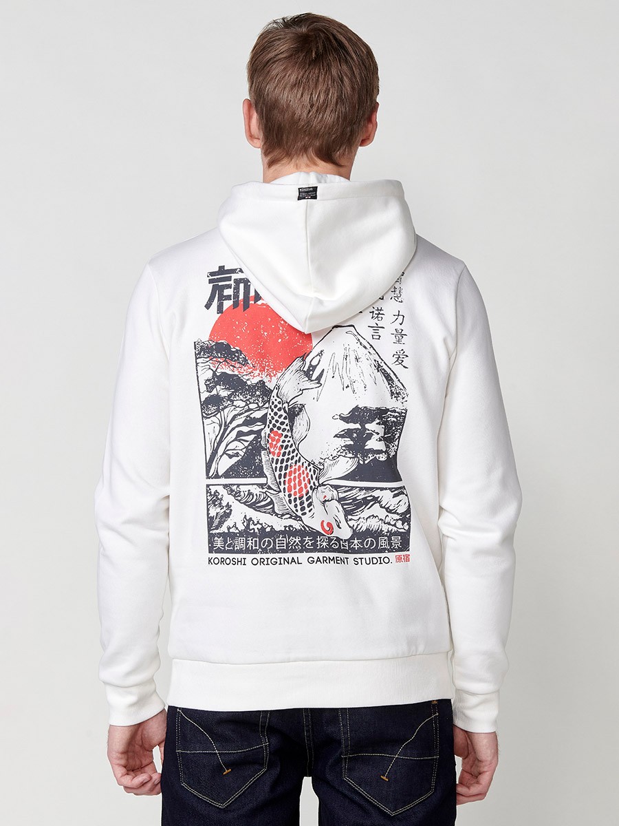 Herren Langarm Sweatshirt mit Kragen und Kapuze mit Print auf der Rückseite in Ecru