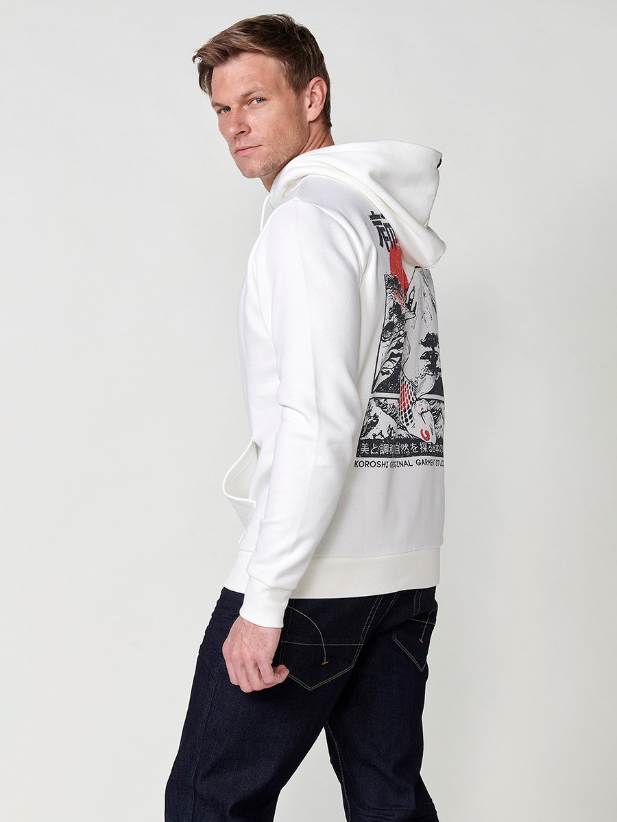 Herren Langarm Sweatshirt mit Kragen und Kapuze mit Print auf der Rückseite in Ecru