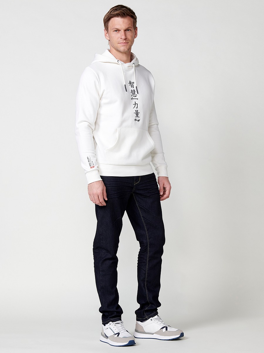 Herren Langarm Sweatshirt mit Kragen und Kapuze mit Print auf der Rückseite in Ecru