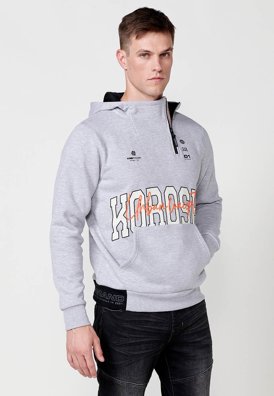 Sudadera con capucha cierre con cremallera y Bolsillo tipo canguro de color Gris para Hombre