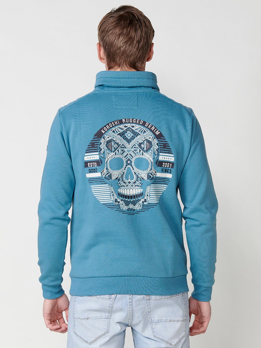 Grünes Langarm-Sweatshirt mit Stehkragen und Print auf der Vorderseite für Herren