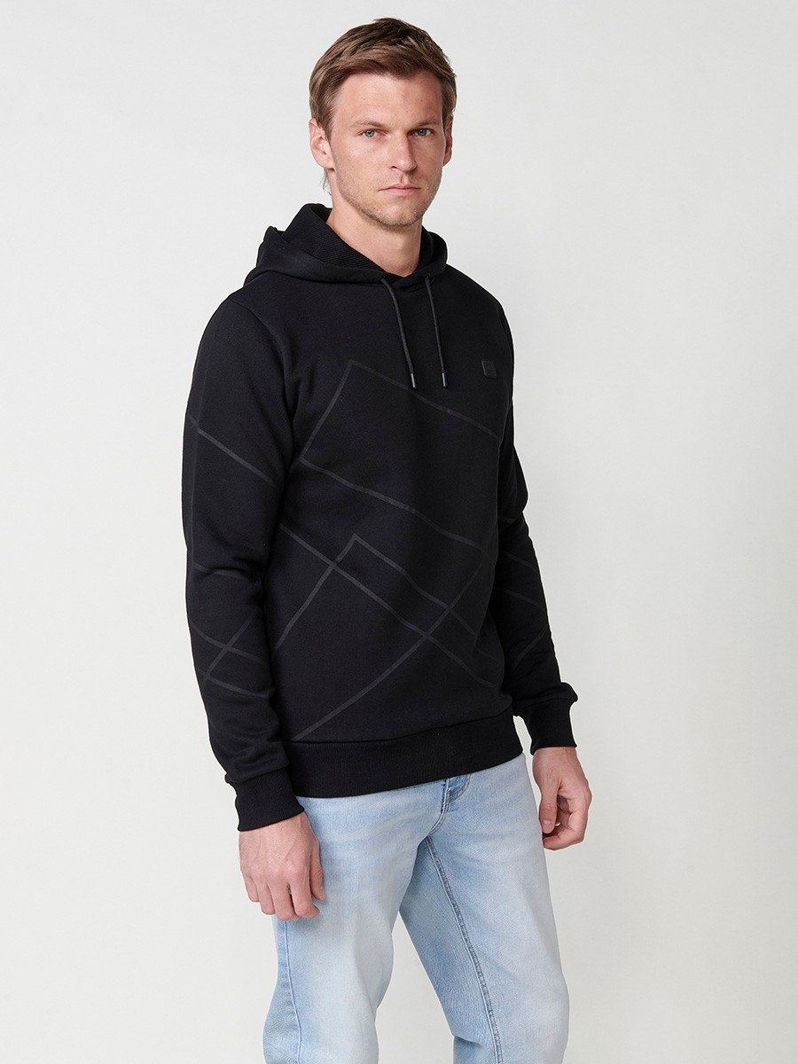 Langärmliger Kapuzenpullover für Herren mit geometrischem Frontdetail in Schwarz