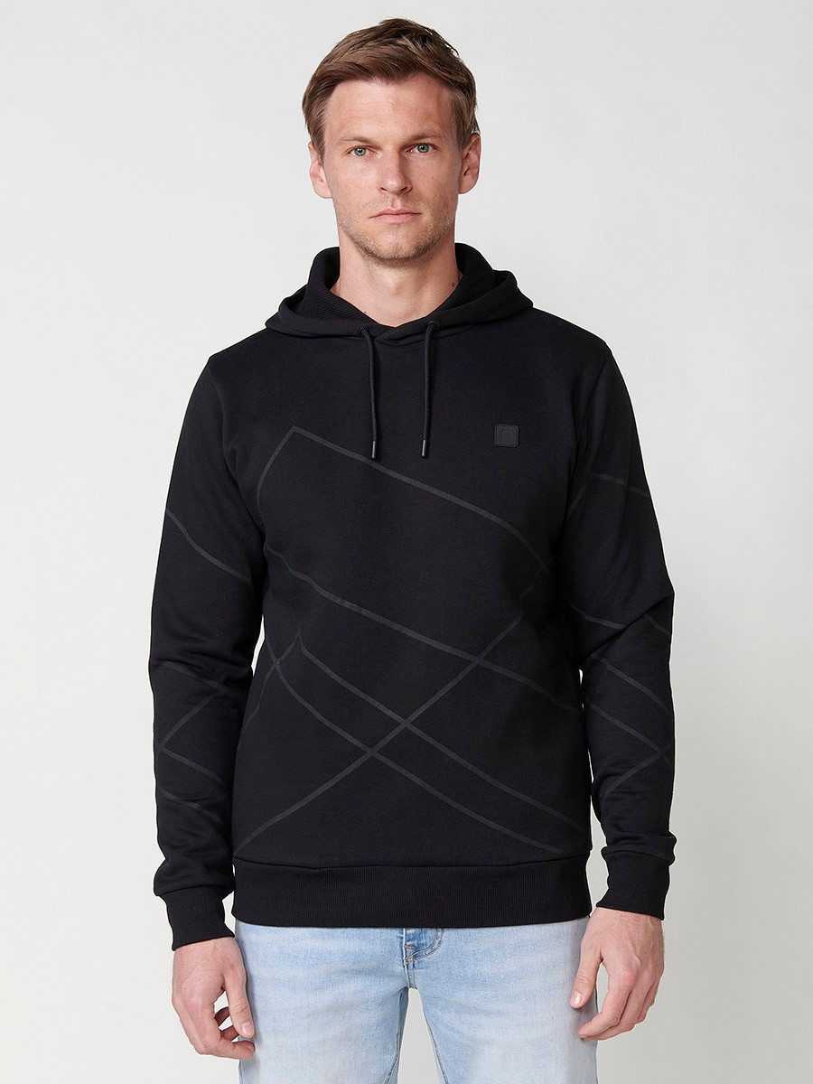 Langärmliger Kapuzenpullover für Herren mit geometrischem Frontdetail in Schwarz