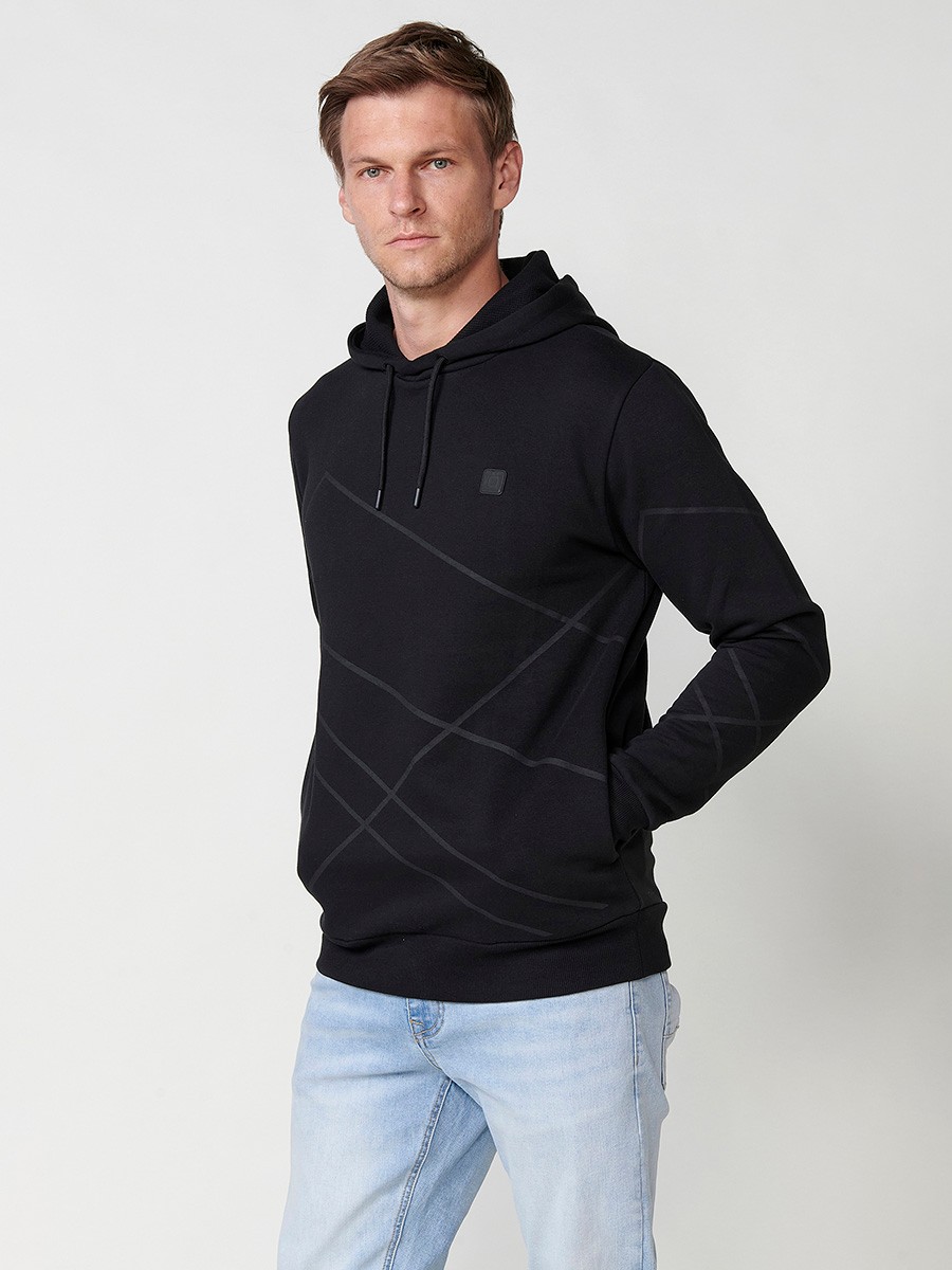 Langärmliger Kapuzenpullover für Herren mit geometrischem Frontdetail in Schwarz