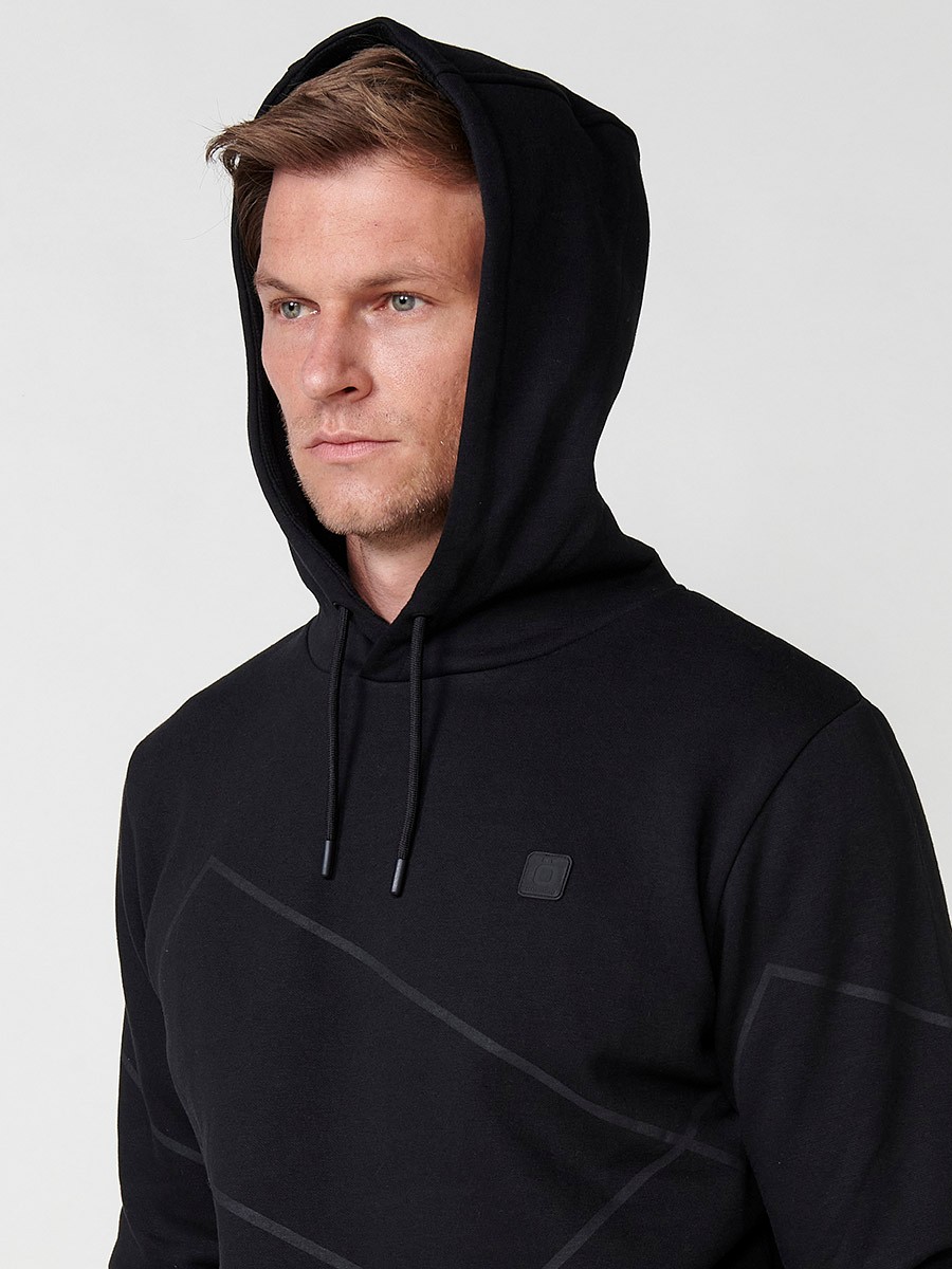 Langärmliger Kapuzenpullover für Herren mit geometrischem Frontdetail in Schwarz