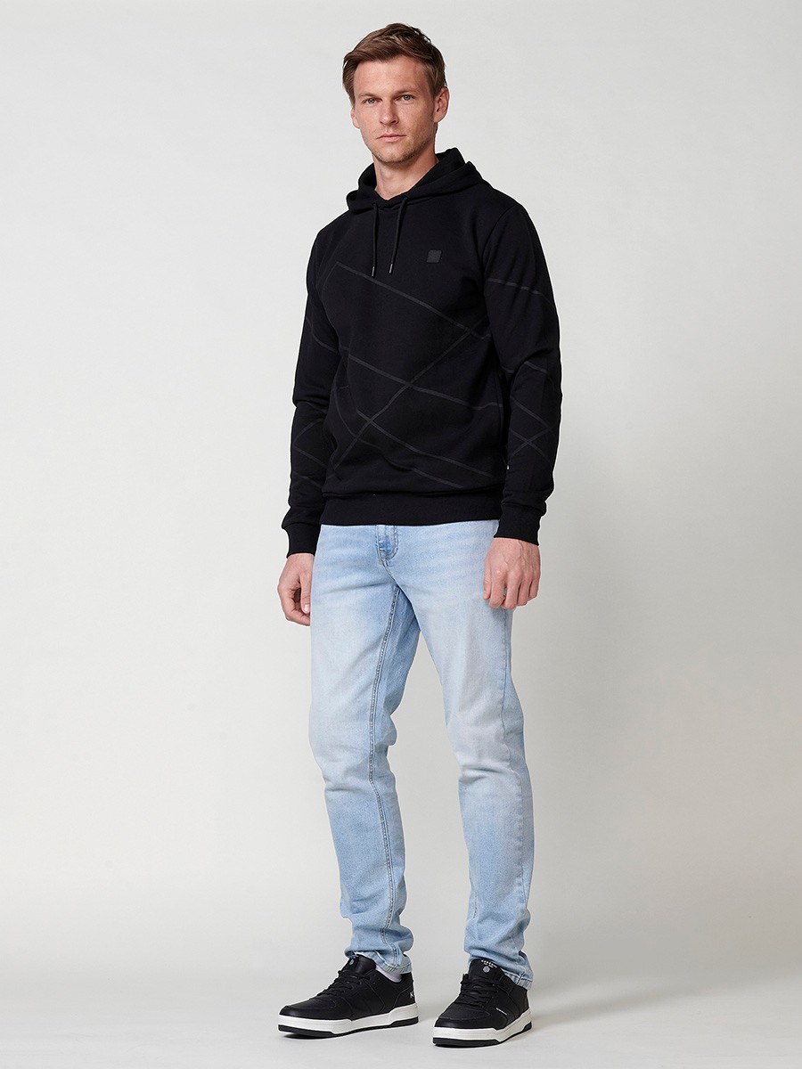 Langärmliger Kapuzenpullover für Herren mit geometrischem Frontdetail in Schwarz