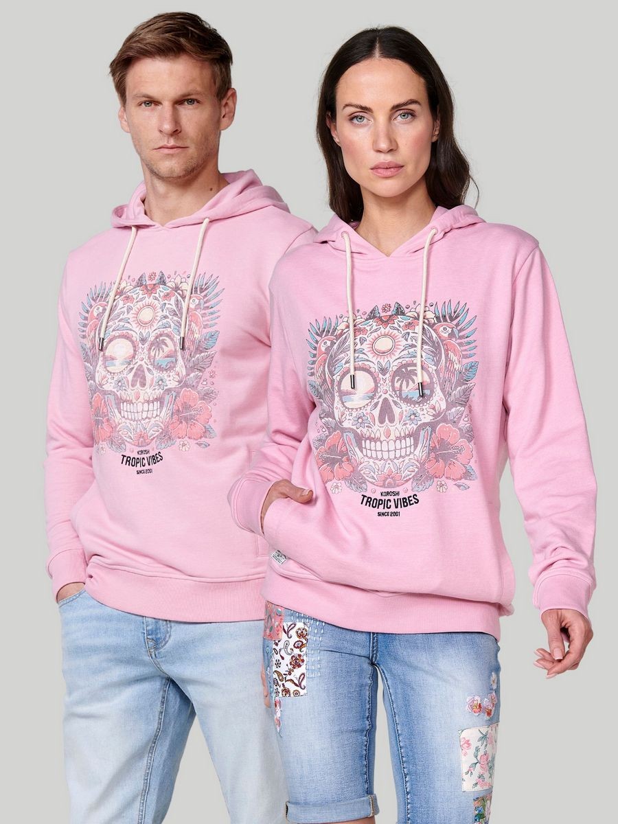 Rosa Langarm-Sweatshirt für Unisex mit Kapuzenkragen und Frontprint