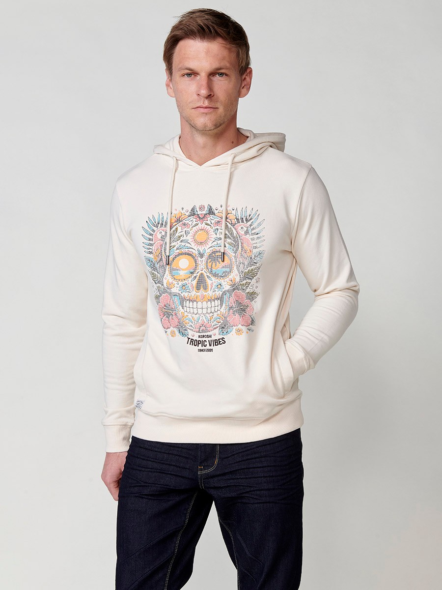 Langärmliges Sweatshirt mit Kapuzenkragen und Frontprint für Herren in Raw Color