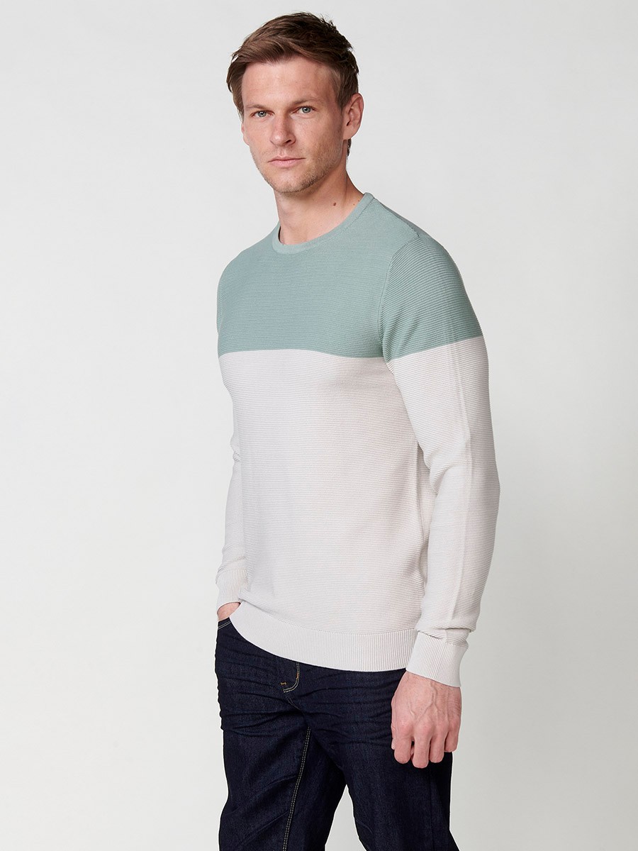 Long-sleeved cotton knit sweater with two-tone round neck, khaki for men