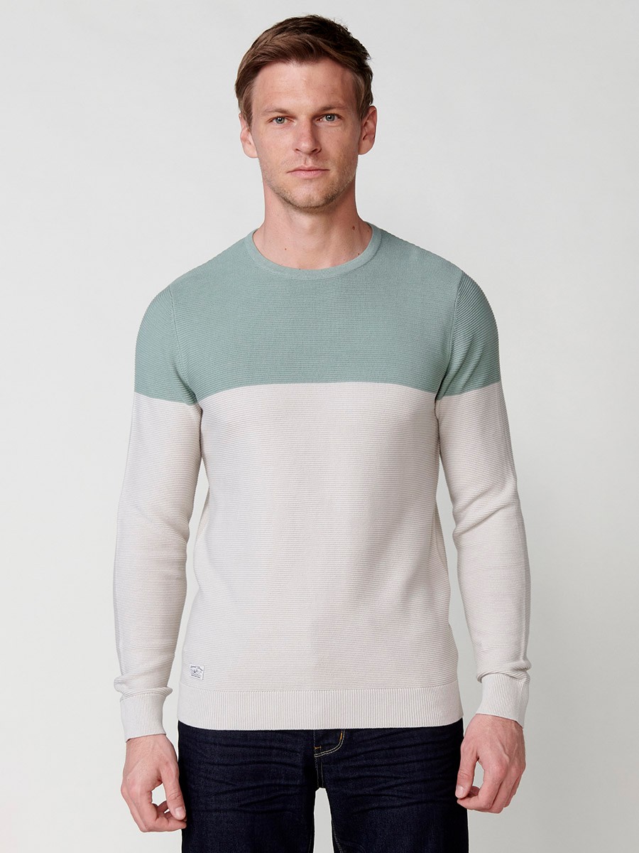 Long-sleeved cotton knit sweater with two-tone round neck, khaki for men 3