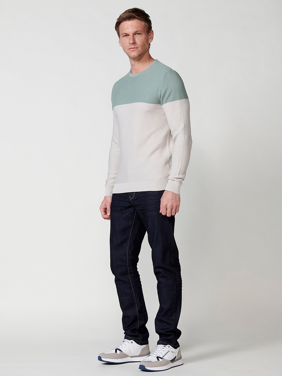 Long-sleeved cotton knit sweater with two-tone round neck, khaki for men 1