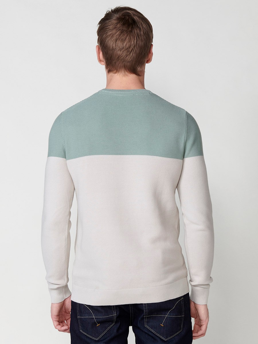 Long-sleeved cotton knit sweater with two-tone round neck, khaki for men 4